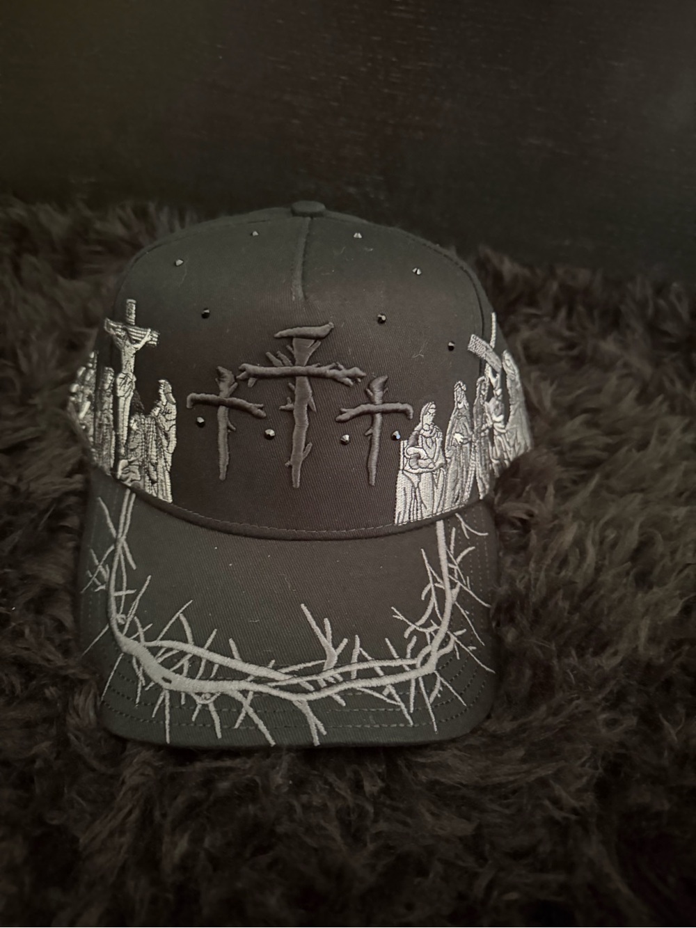 Black Embroidered Cross & Crown of Thorns Baseball Cap